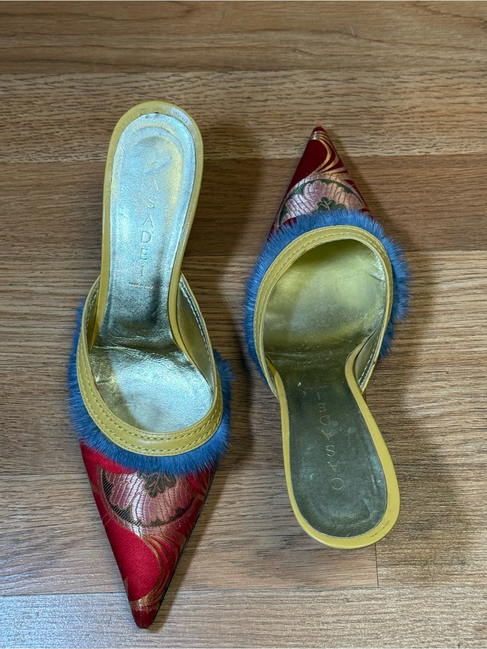 Casadei Italy Brocade Mule Heels Fur Trim Pointed Toe Size 8.5 - Picture 2 of 10
